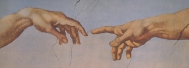 Michelangelon maalaus Aatamin luominen, jossa Jumala antaa ihmiselle elämän koskettamalla tätä sormenpäällä.